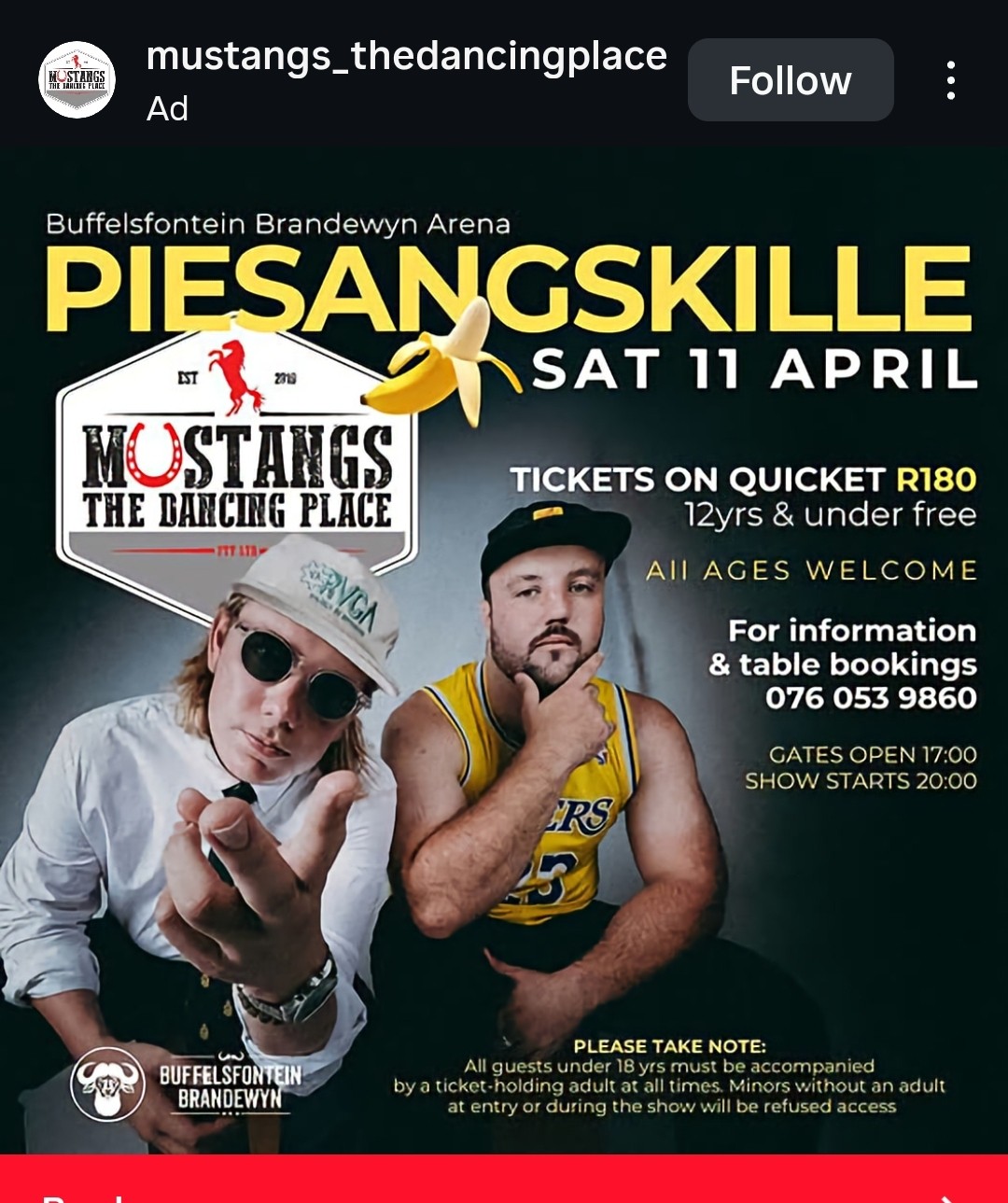 Piesangskille @ Mustangs - The Dancing Place, Mbombela, 11-04-2026 20:00, R180