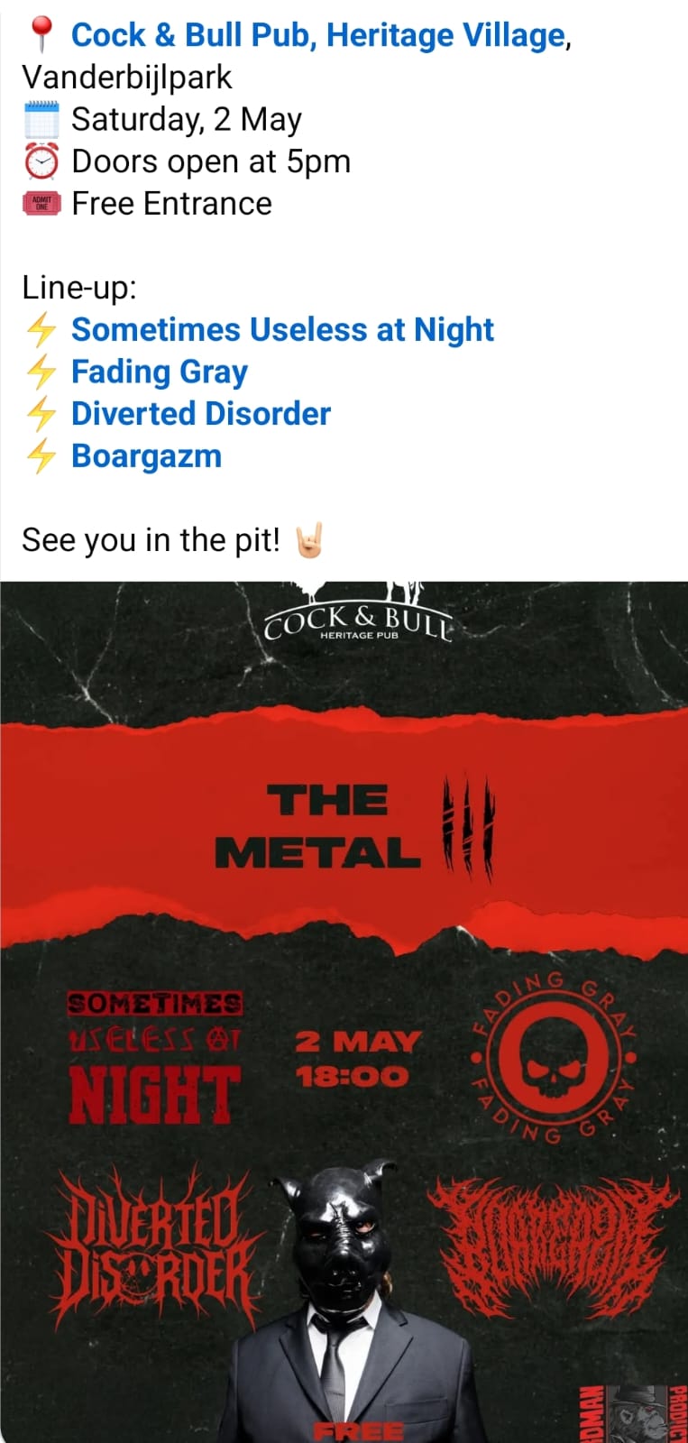 The Metal III @ Cock & Bull Pub And Grill, Vanderbijl, 02-05-2026 17:00
