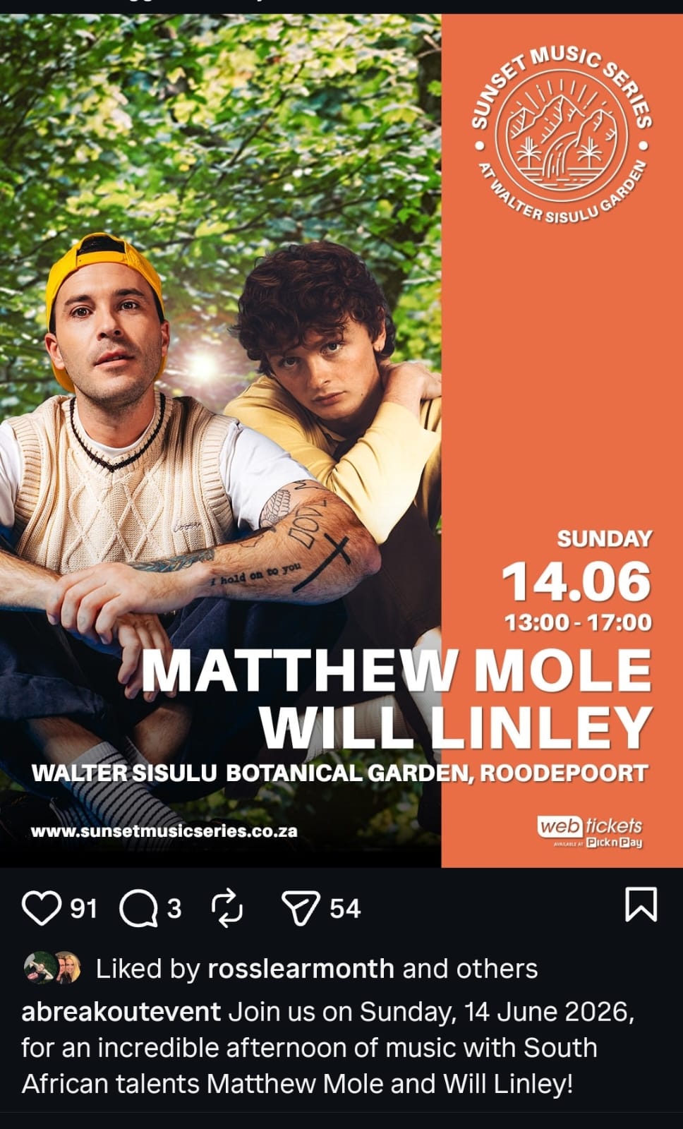 Matthew Mole & Will Linley @ Walter Sisulu Botanical Garden, Roodepoort, 14-06-2026 13:00 - Image 1