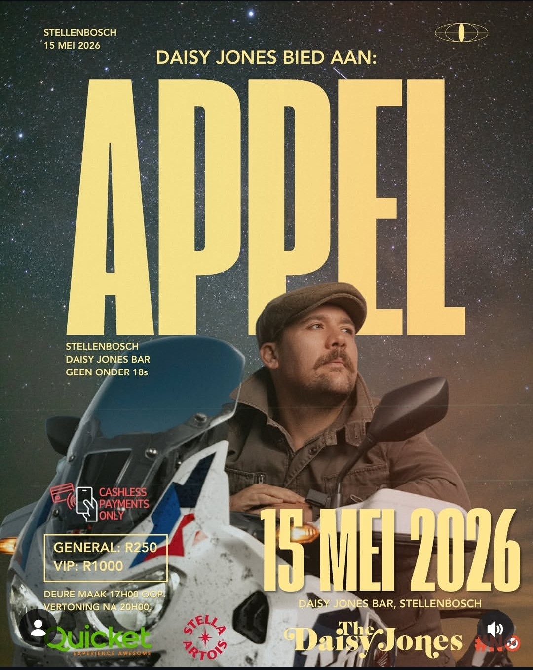 Appel @ Daisy Jones Bar, 15-05-2026 17:00, R250