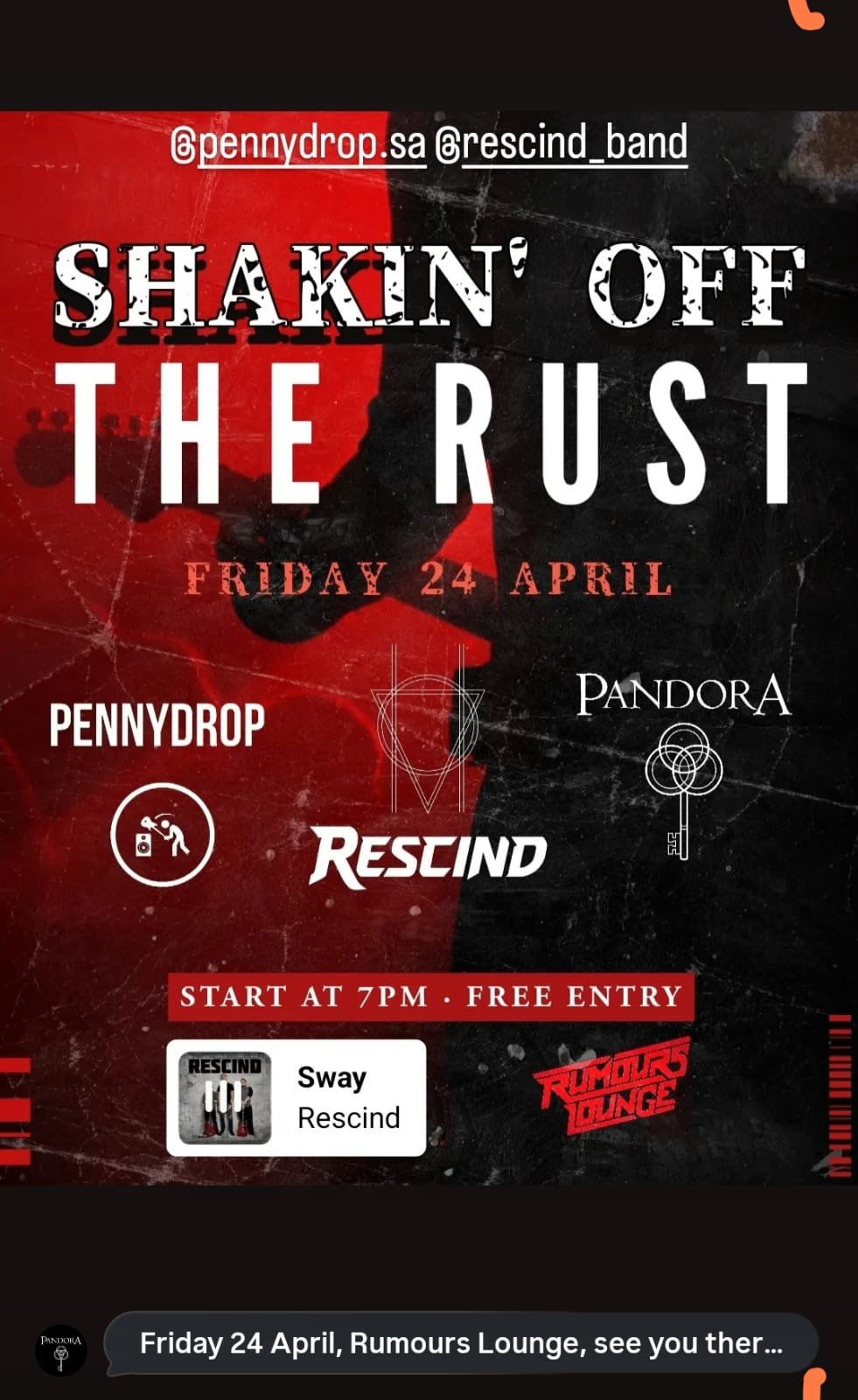 Pennydrop, Pandora, Rescind @ Rumours Lounge, 24-04-2026 19:00 - Image 1