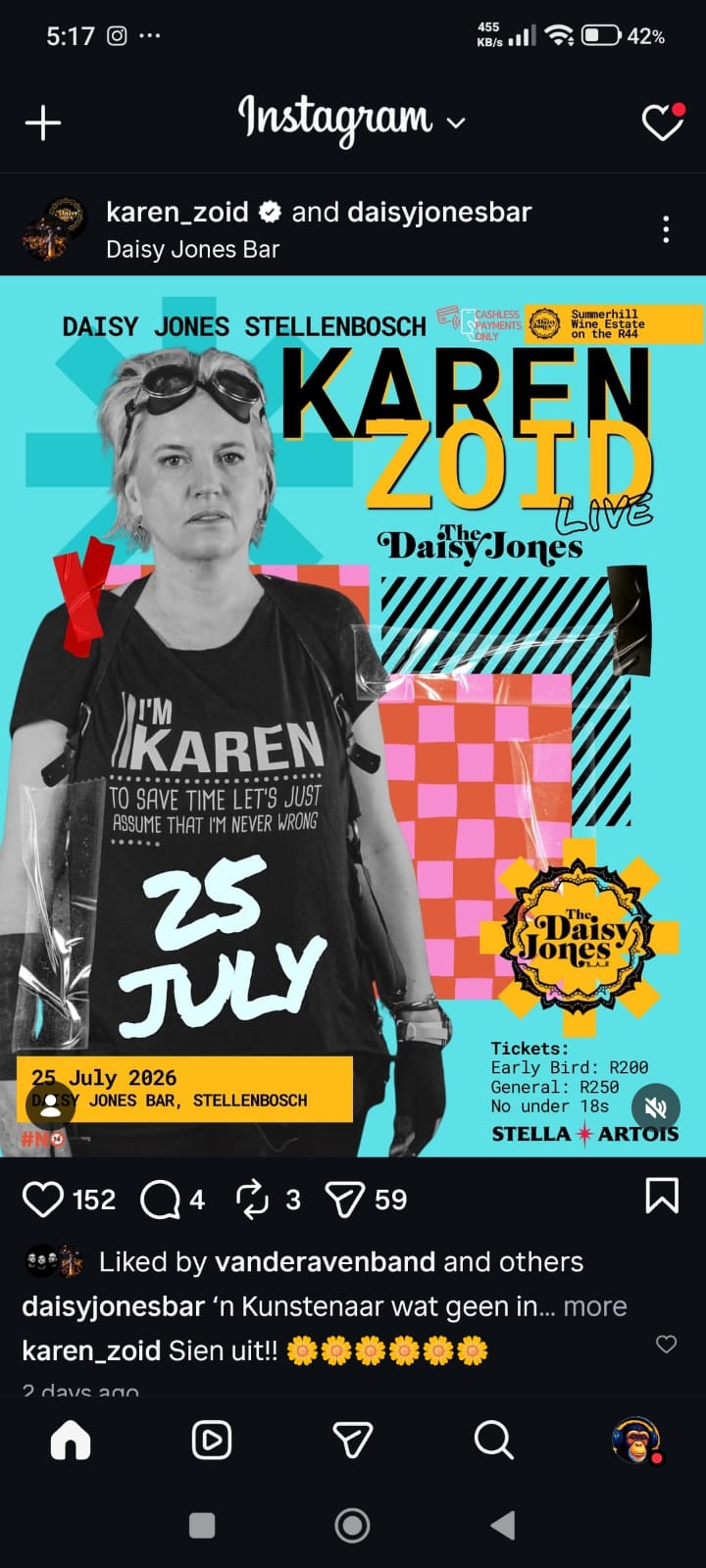 Karen Zoid @ The Daisy Jones Bar, 25-07-2026, R200